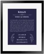 Khazi personalized name print with origin and traits in navy blue with black matte frame