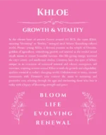 Khloe custom name art showing meaning and origin in pink