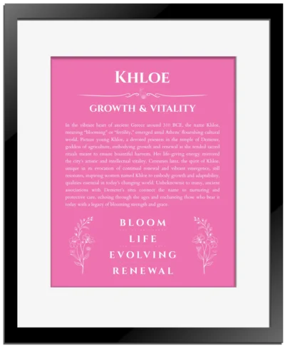 Khloe custom name art showing meaning and origin in pink with black matte frame