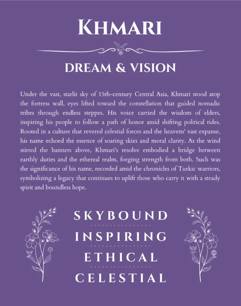 Khmari personalized name print with origin and traits in purple