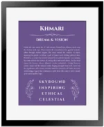 Khmari personalized name print with origin and traits in purple with black matte frame