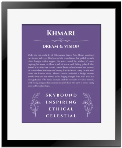 Khmari personalized name print with origin and traits in purple with black matte frame