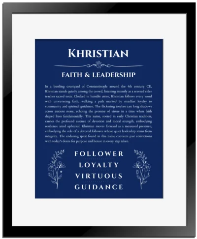 Khristian custom name meaning print in deep blue with black matte frame