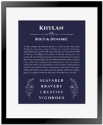 Khylan custom name print for wall display in navy blue with black matte frame