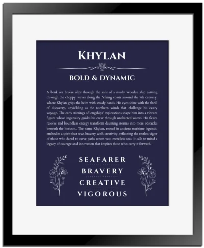 Khylan custom name print for wall display in navy blue with black matte frame