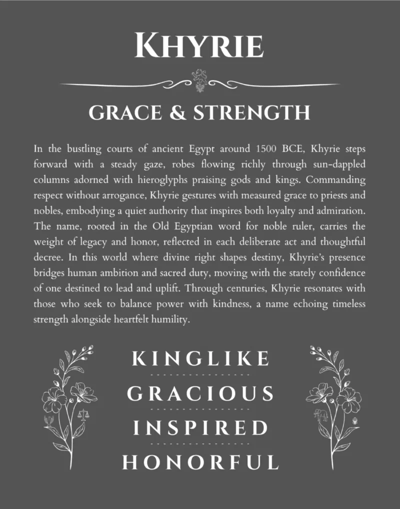 Khyrie name origin print with meaning and traits in gray