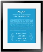 Kiaan name meaning gift print in blue with black matte frame