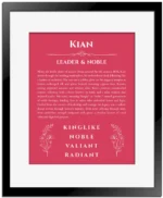 Kian custom name art showing meaning and origin in red with black matte frame