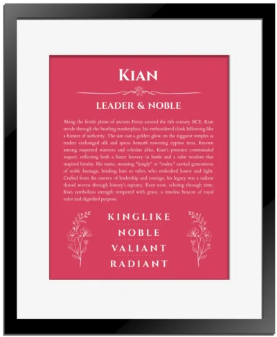 Kian custom name art showing meaning and origin in red with black matte frame