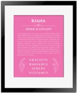 Kiana custom name meaning print in pink with black matte frame