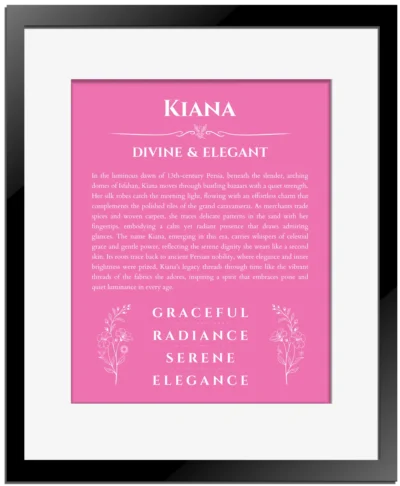Kiana custom name meaning print in pink with black matte frame