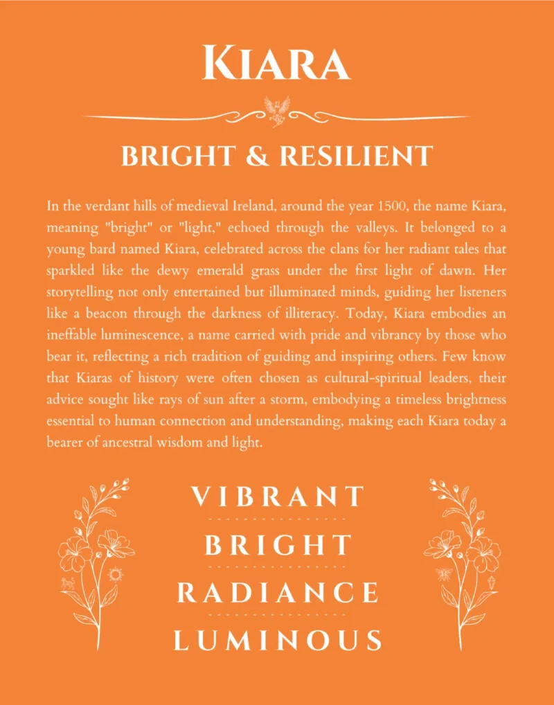 Kiara personalized name print with origin and traits in orange
