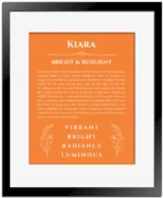 Kiara personalized name print with origin and traits in orange with black matte frame