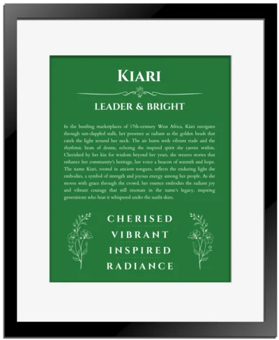 Kiari name meaning wall art by Get Your Story in dark green with black matte frame