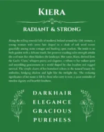 Kiera personalized name art with origin story in dark green