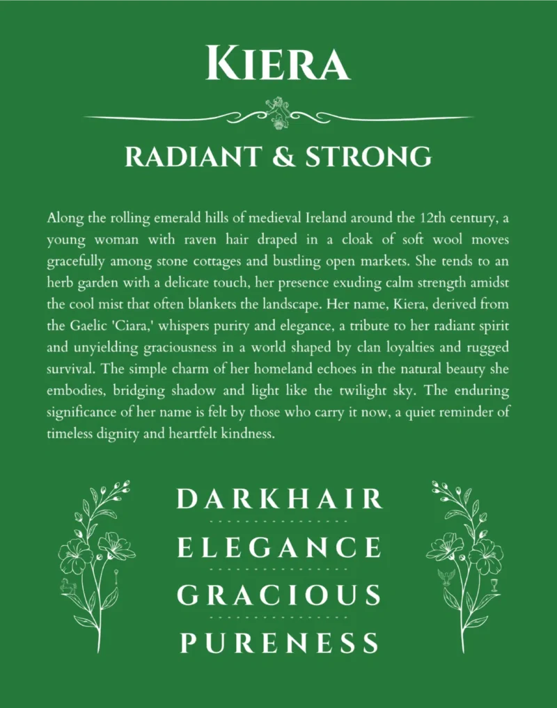 Kiera personalized name art with origin story in dark green