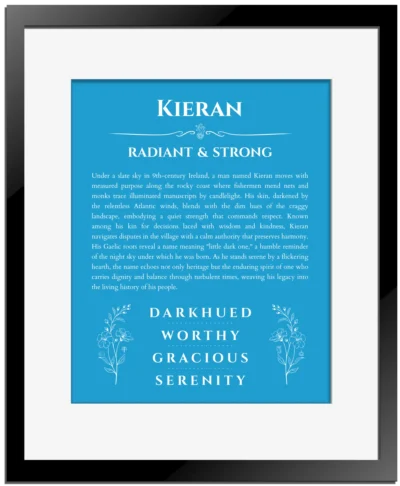 Kieran name meaning wall art by Get Your Story in blue with black matte frame