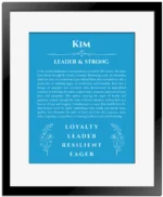 Kim custom name meaning print in blue with black matte frame