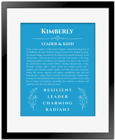 Kimberly custom name print for wall display in blue with black matte frame