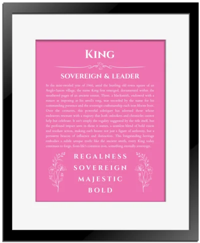 King name meaning wall art by Get Your Story in pink with black matte frame
