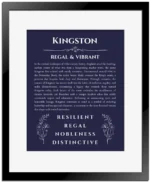 Kingston custom name meaning print in navy blue with black matte frame