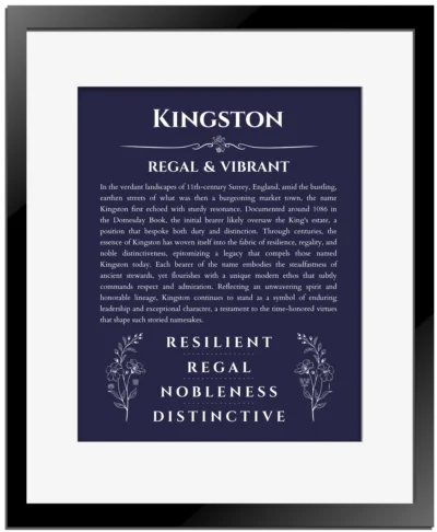 Kingston custom name meaning print in navy blue with black matte frame