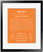 Kinlee custom name meaning print in orange with black matte frame