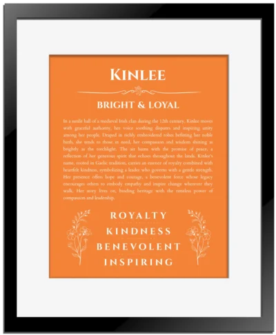 Kinlee custom name meaning print in orange with black matte frame