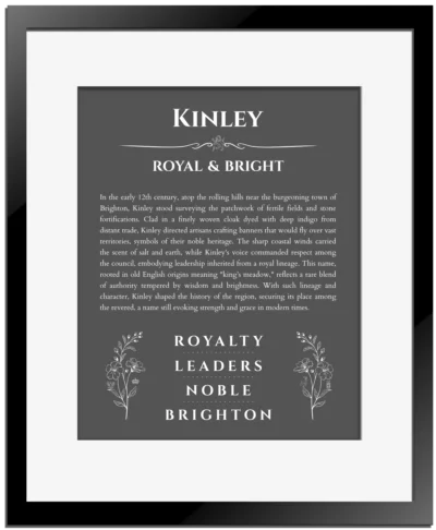 Kinley personalized name meaning print in gray with black matte frame