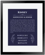 Kinsey personalized wall art with the story of your name in navy blue with black matte frame