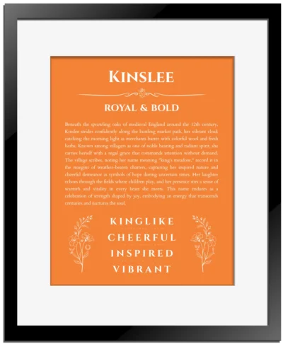 Kinslee personalized name meaning print in orange with black matte frame