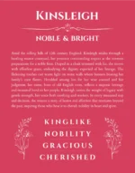Kinsleigh personalized name print with origin and traits in red