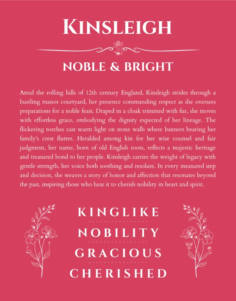 Kinsleigh personalized name print with origin and traits in red