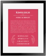 Kinsleigh personalized name print with origin and traits in red with black matte frame