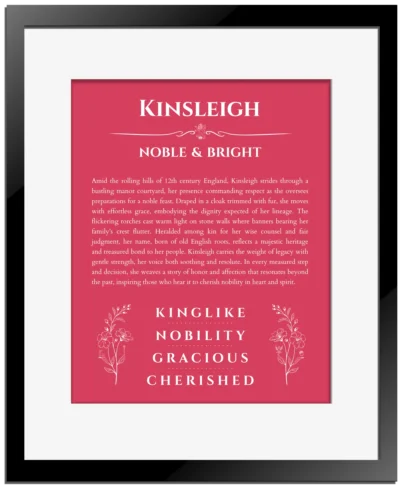 Kinsleigh personalized name print with origin and traits in red with black matte frame