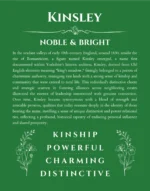 Kinsley name origin print with meaning and traits in dark green