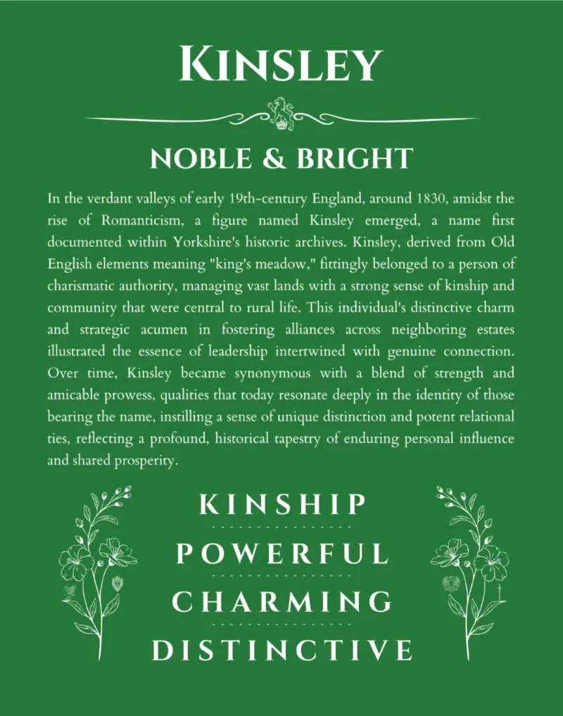 Kinsley name origin print with meaning and traits in dark green