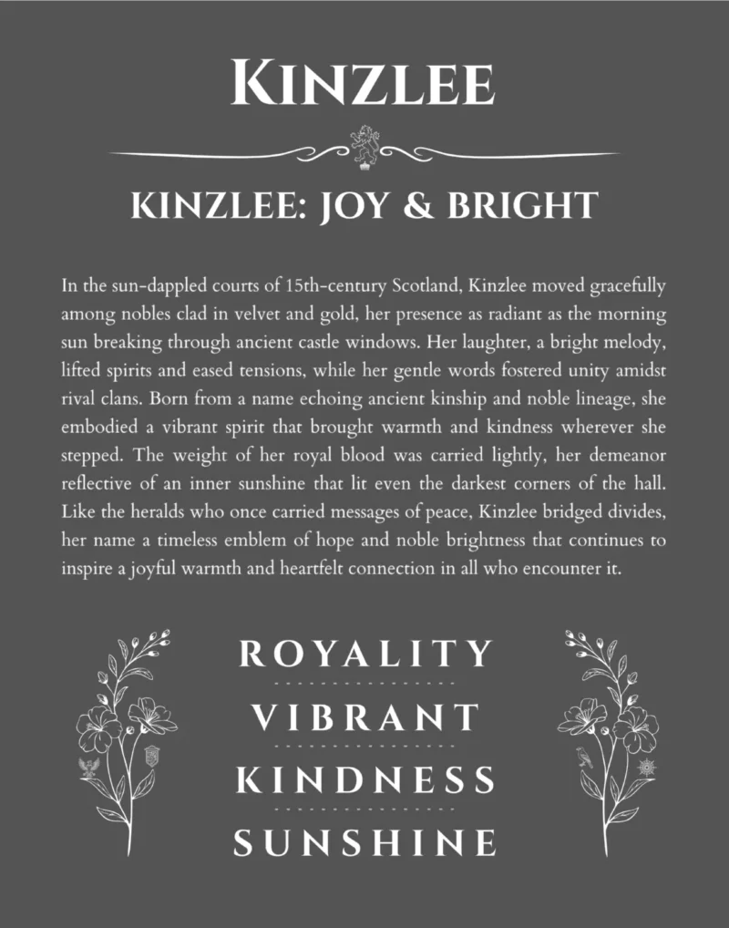 Kinzlee name origin print with meaning and traits in gray