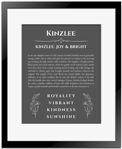 Kinzlee name origin print with meaning and traits in gray with black matte frame