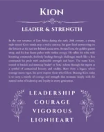 Kion personalized name print with origin and traits in purple