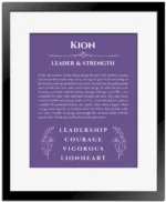 Kion personalized name print with origin and traits in purple with black matte frame