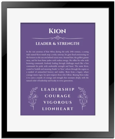 Kion personalized name print with origin and traits in purple with black matte frame