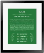 Kior personalized wall art with the story of your name in dark green with black matte frame