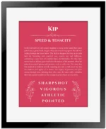 Kip personalized wall art with the story of your name in red with black matte frame