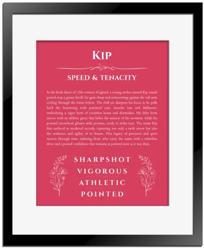 Kip personalized wall art with the story of your name in red with black matte frame