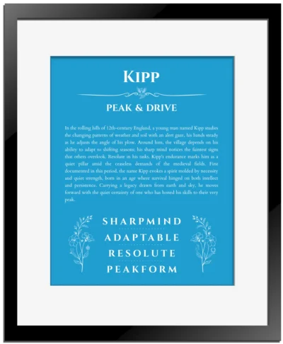 Kipp personalized wall art with the story of your name in blue with black matte frame