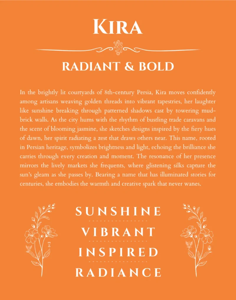 Kira name origin print with meaning and traits in orange