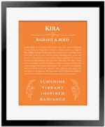 Kira name origin print with meaning and traits in orange with black matte frame