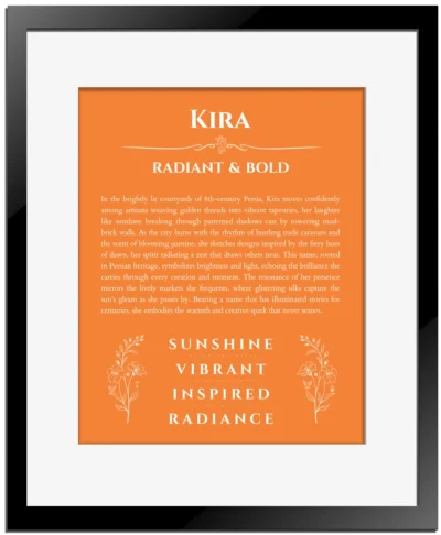 Kira name origin print with meaning and traits in orange with black matte frame