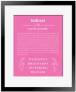 Kiran personalized name art with origin story in pink with black matte frame